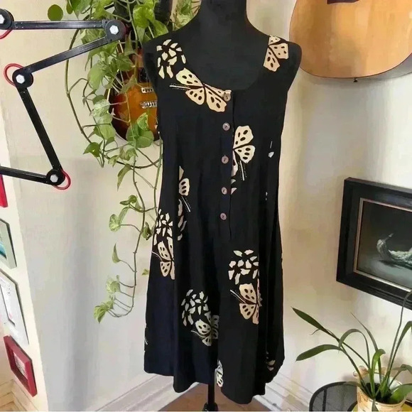 90s YF Young Fashion Black Beachy Button Dress - Size Medium - Picture 1 of 7